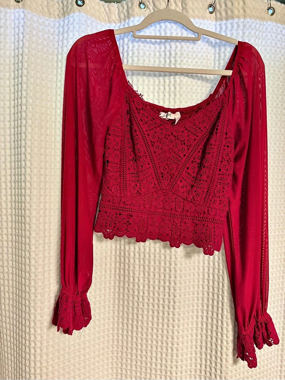 Willow & Root Crochet Lace Long Sleeve Crop Top Red Medium